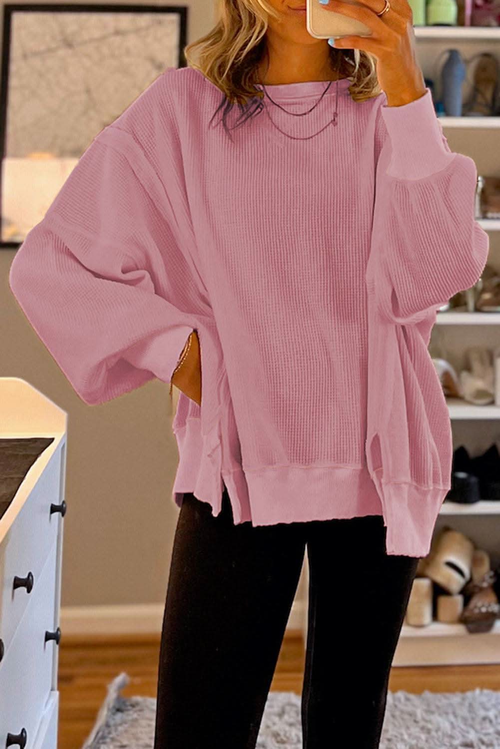 Pink Waffle Knit Bishop Sleeve Split Oversized Sweatshirt - Love Salve